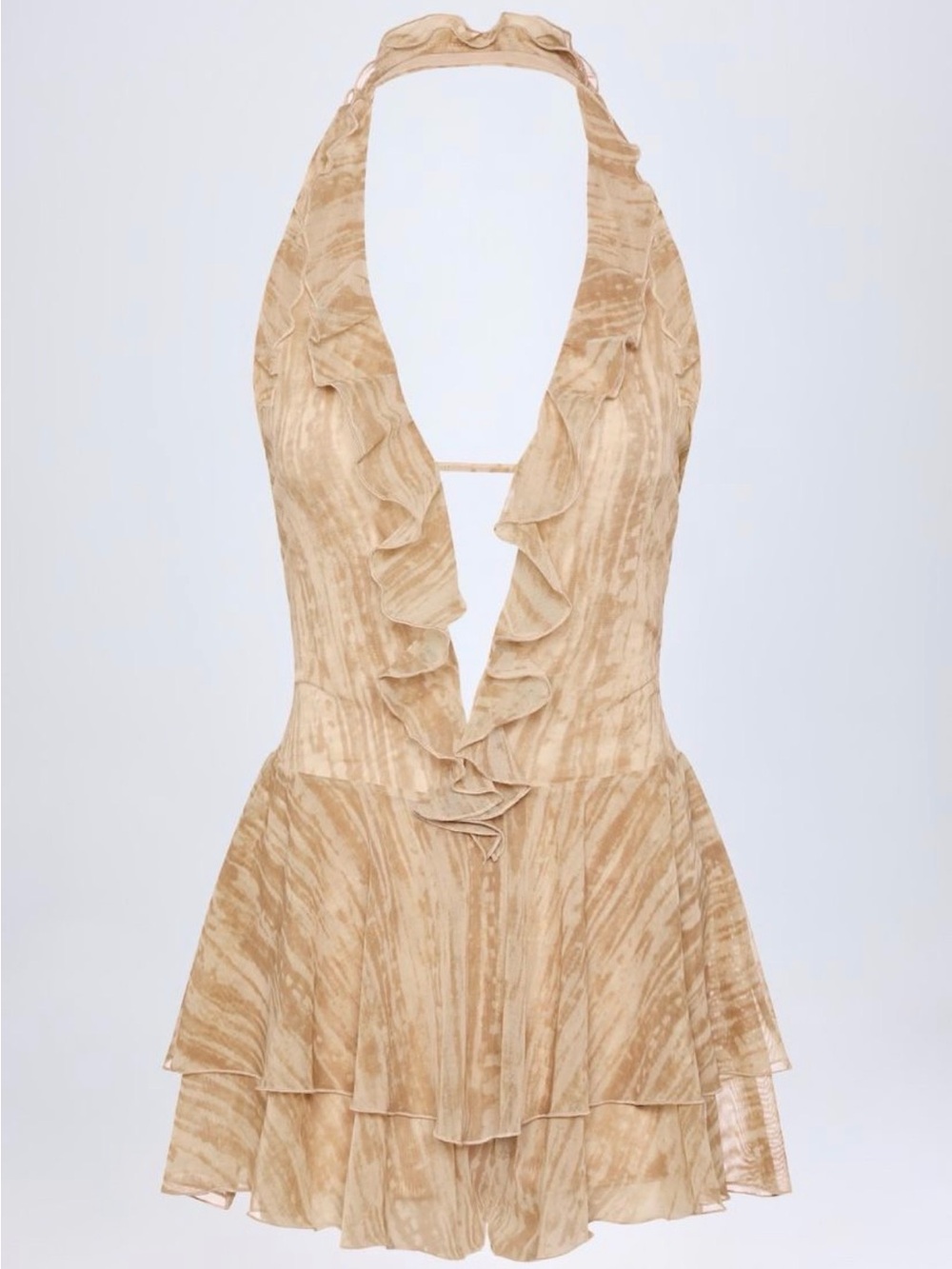 Oh Polly Morgaine Ruffled Plunge Halter Romper Tan Print M NWT - Picture 3 of 9